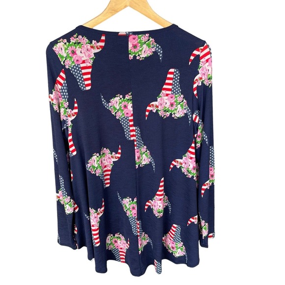 American Curvy Blouse Womens Plus Size 1X Blue Floral Striped Bullhead Flowy - Picture 2 of 9